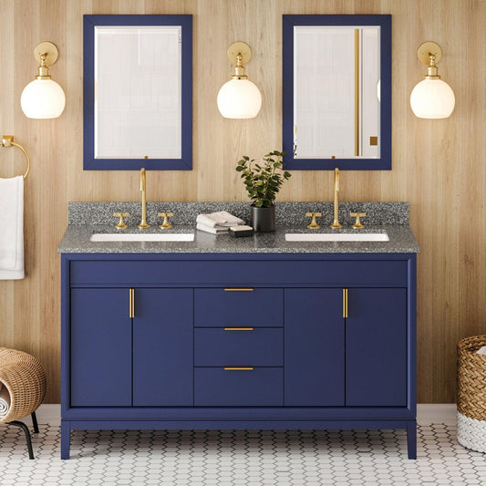 Hardware Resources Jeffrey Alexander Theodora 60" Hale Blue Freestanding Vanity With Double Bowl, Boulder Cultured Marble Vanity Top, Backsplash and Rectangle Undermount Sink