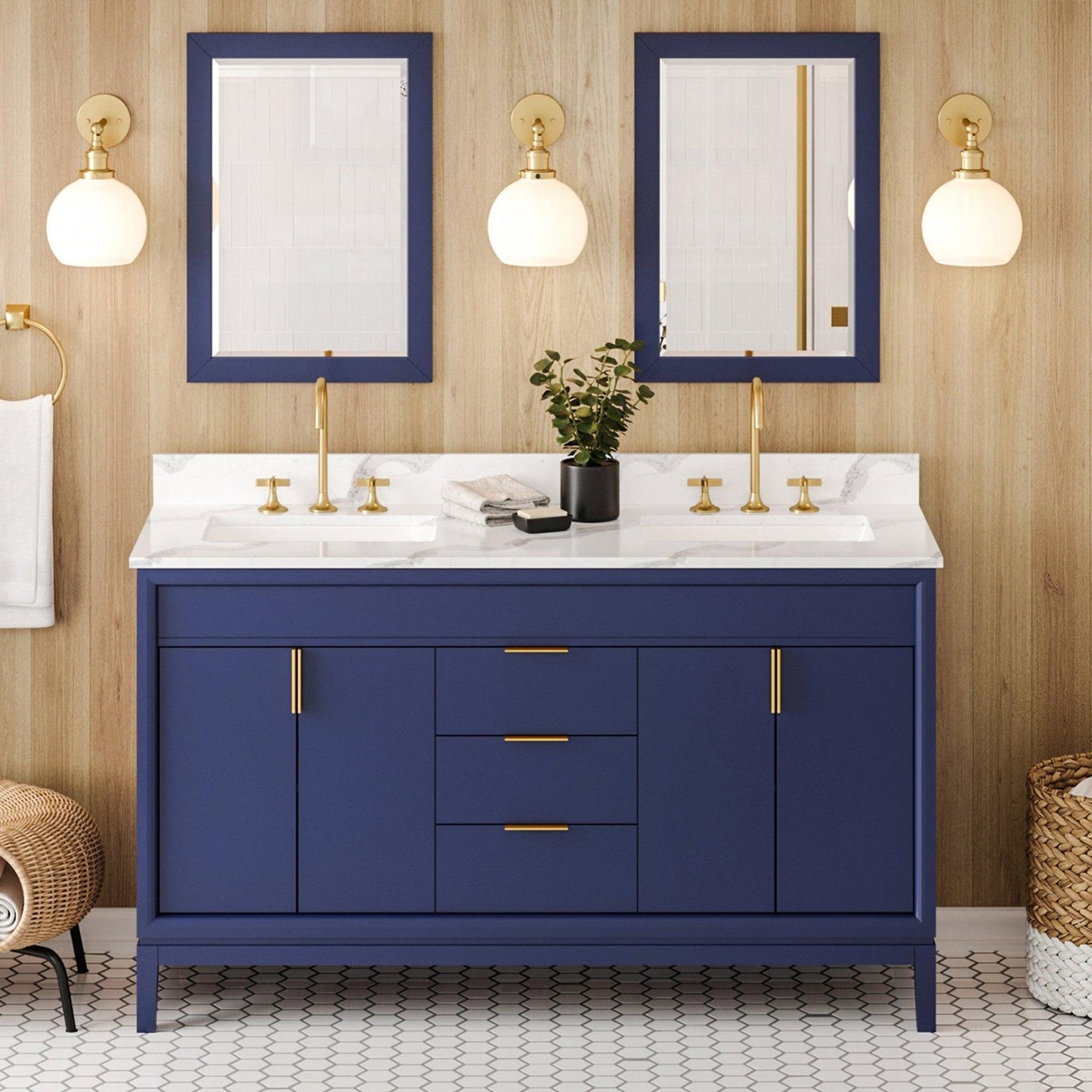 Hardware Resources Jeffrey Alexander Theodora 60" Hale Blue Freestanding Vanity With Double Bowl, Calacatta Vienna Quartz Vanity Top, Backsplash and Rectangle Undermount Sink