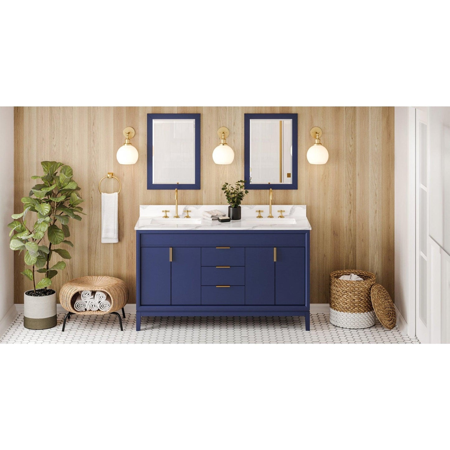 Hardware Resources Jeffrey Alexander Theodora 60" Hale Blue Freestanding Vanity With Double Bowl, Calacatta Vienna Quartz Vanity Top, Backsplash and Rectangle Undermount Sink