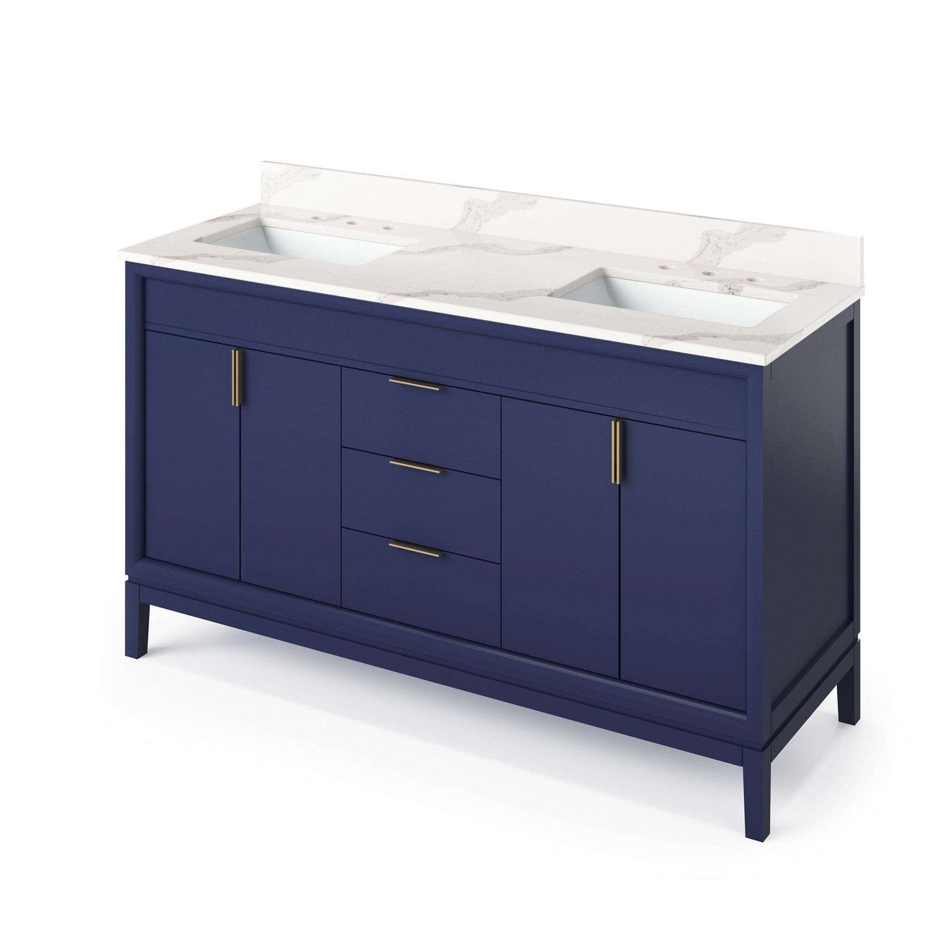 Hardware Resources Jeffrey Alexander Theodora 60" Hale Blue Freestanding Vanity With Double Bowl, Calacatta Vienna Quartz Vanity Top, Backsplash and Rectangle Undermount Sink