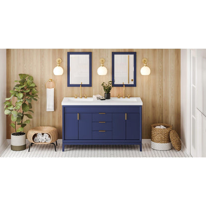 Hardware Resources Jeffrey Alexander Theodora 60" Hale Blue Freestanding Vanity With Double Bowl, Lavante Cultured Marble Vessel Vanity Top, Backsplash and Rectangle Undermount Sink