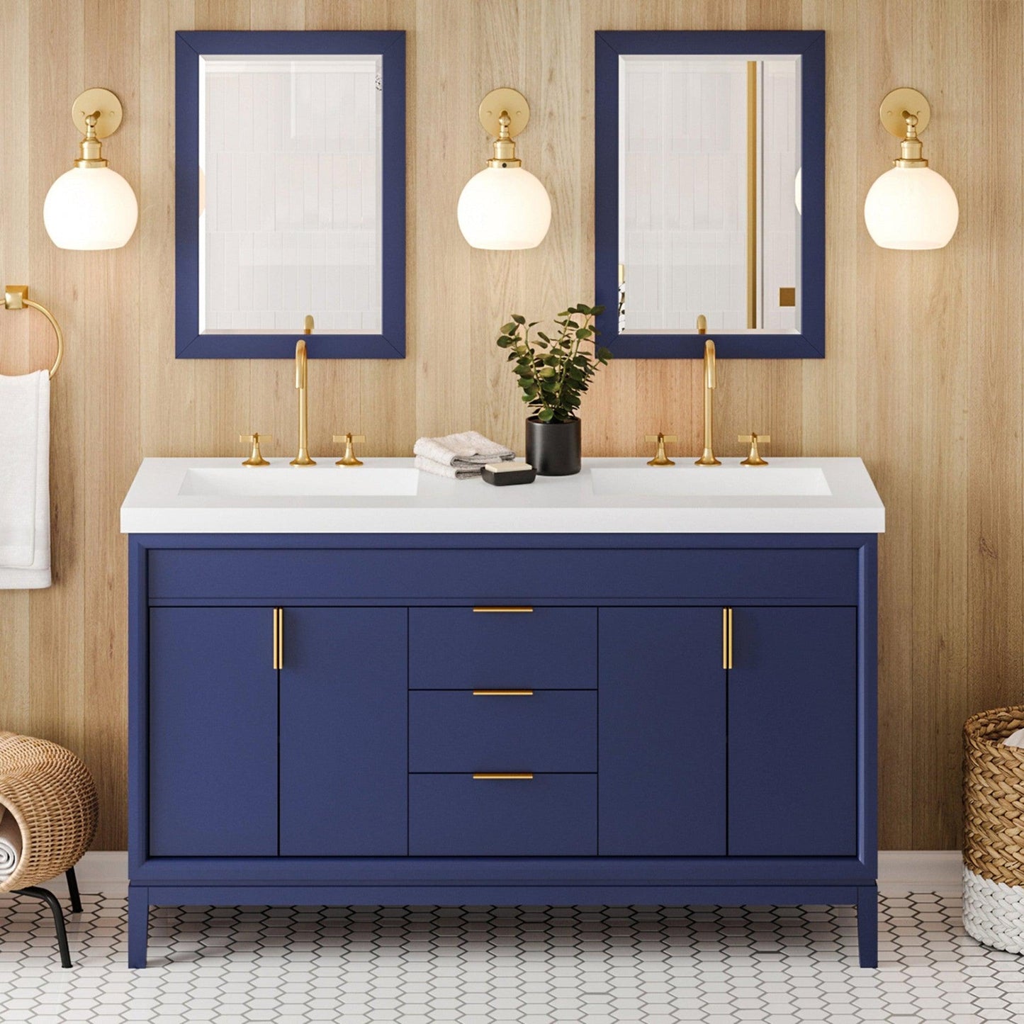 Hardware Resources Jeffrey Alexander Theodora 60" Hale Blue Freestanding Vanity With Double Bowl, Lavante Cultured Marble Vessel Vanity Top, Backsplash and Rectangle Undermount Sink