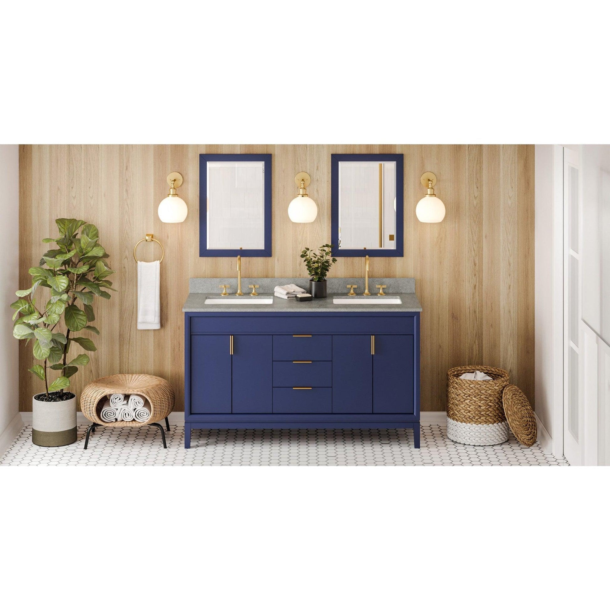 Hardware Resources Jeffrey Alexander Theodora 60" Hale Blue Freestanding Vanity With Double Bowl, Steel Gray Cultured Marble Vanity Top, Backsplash and Rectangle Undermount Sink