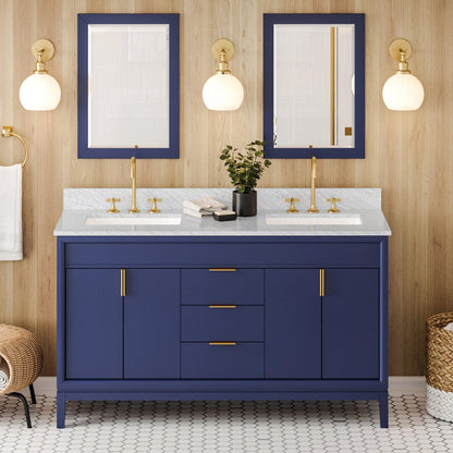 Hardware Resources Jeffrey Alexander Theodora 60" Hale Blue Freestanding Vanity With Double Bowl, White Carrara Marble Vanity Top, Backsplash and Rectangle Undermount Sink