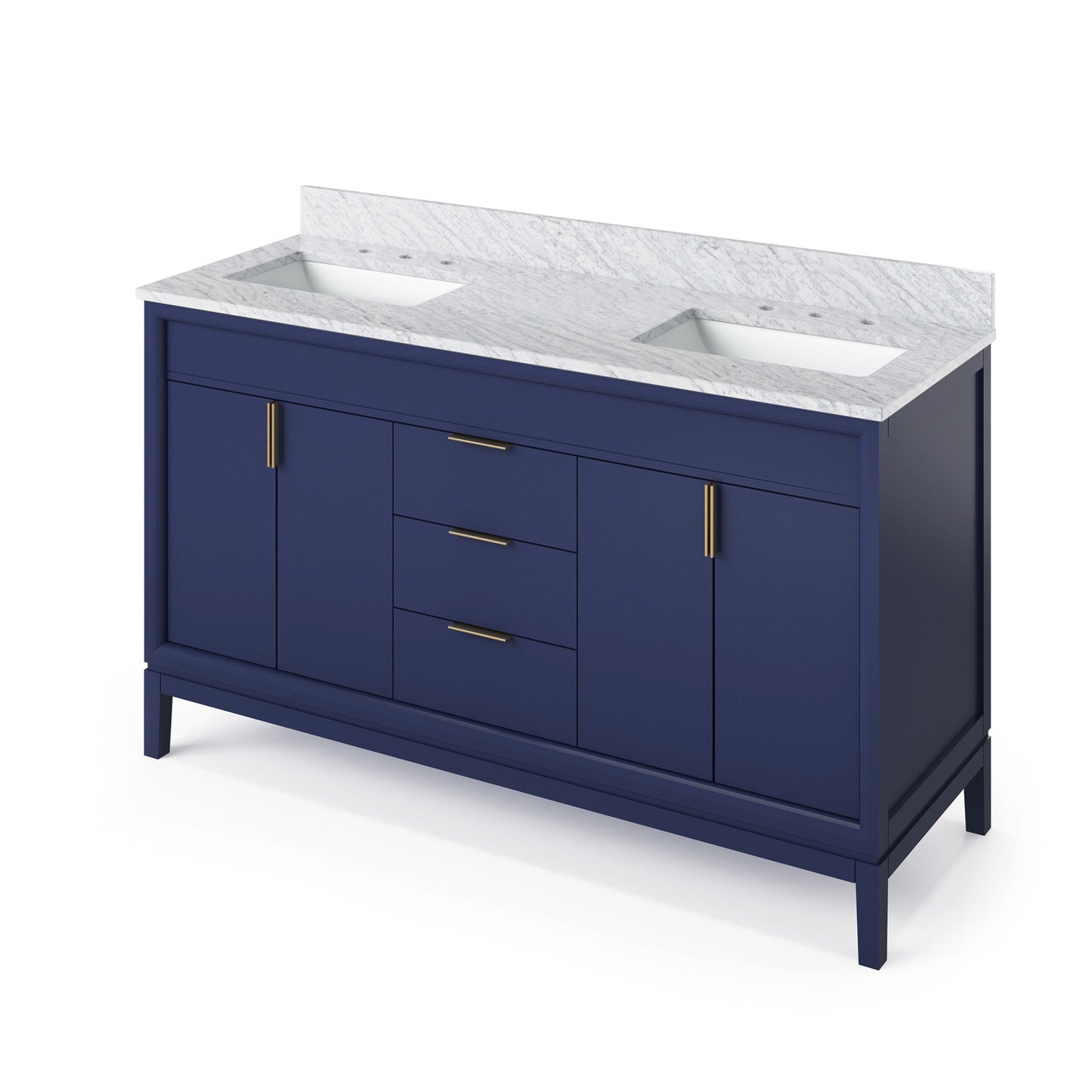 Hardware Resources Jeffrey Alexander Theodora 60" Hale Blue Freestanding Vanity With Double Bowl, White Carrara Marble Vanity Top, Backsplash and Rectangle Undermount Sink