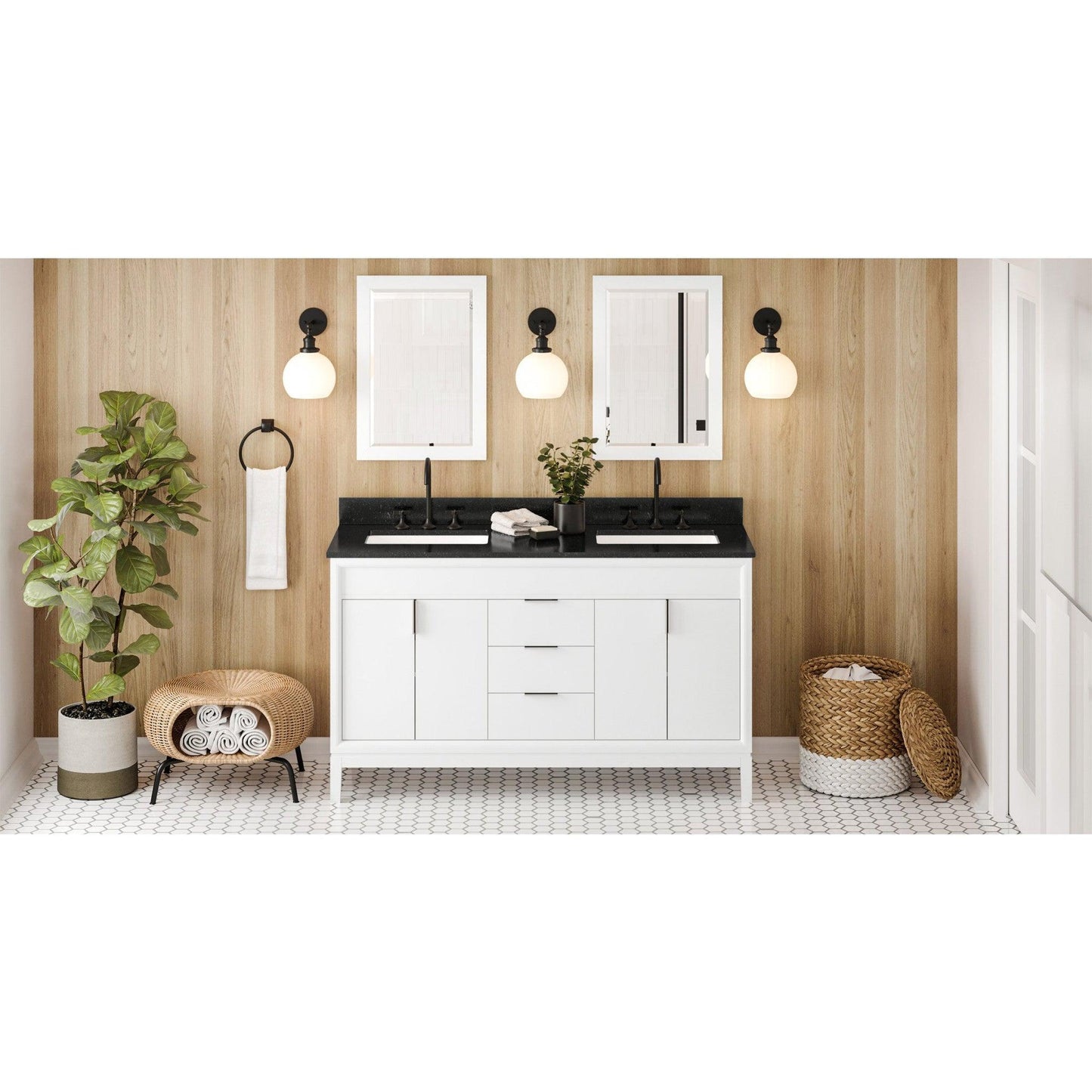 Hardware Resources Jeffrey Alexander Theodora 60" White Freestanding Vanity With Double Bowl, Black Granite Vanity Top, Backsplash and Rectangle Undermount Sink