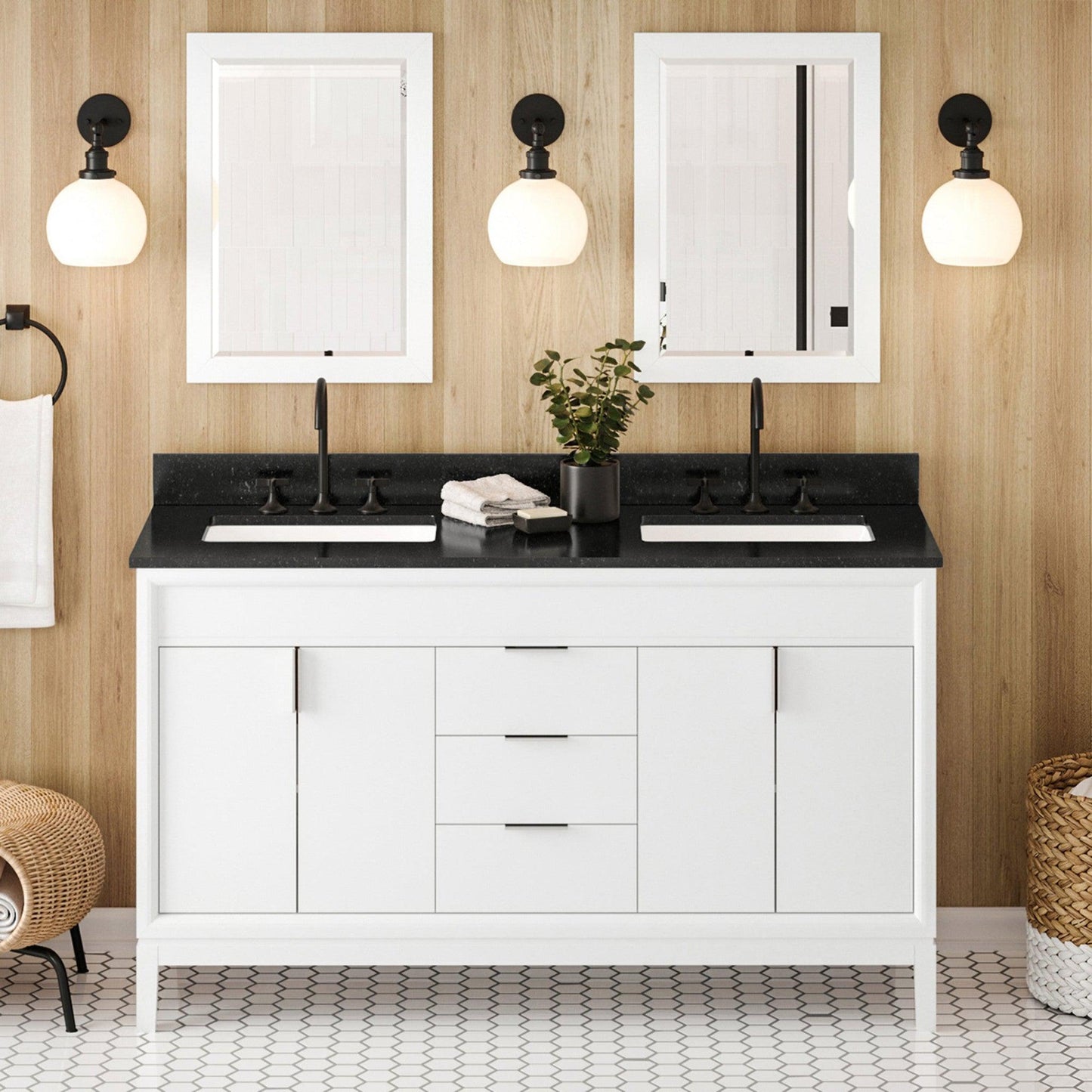 Hardware Resources Jeffrey Alexander Theodora 60" White Freestanding Vanity With Double Bowl, Black Granite Vanity Top, Backsplash and Rectangle Undermount Sink