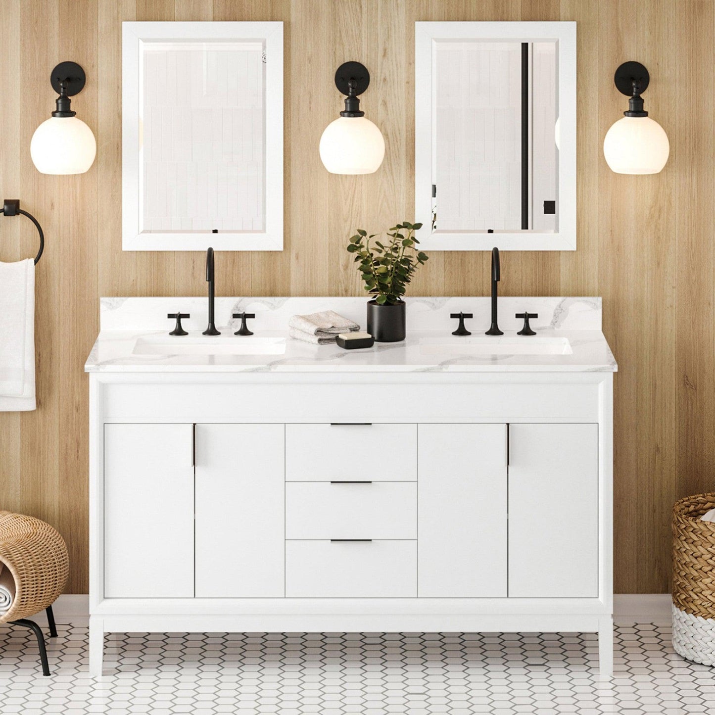 Hardware Resources Jeffrey Alexander Theodora 60" White Freestanding Vanity With Double Bowl, Calacatta Vienna Quartz Vanity Top, Backsplash and Rectangle Undermount Sink