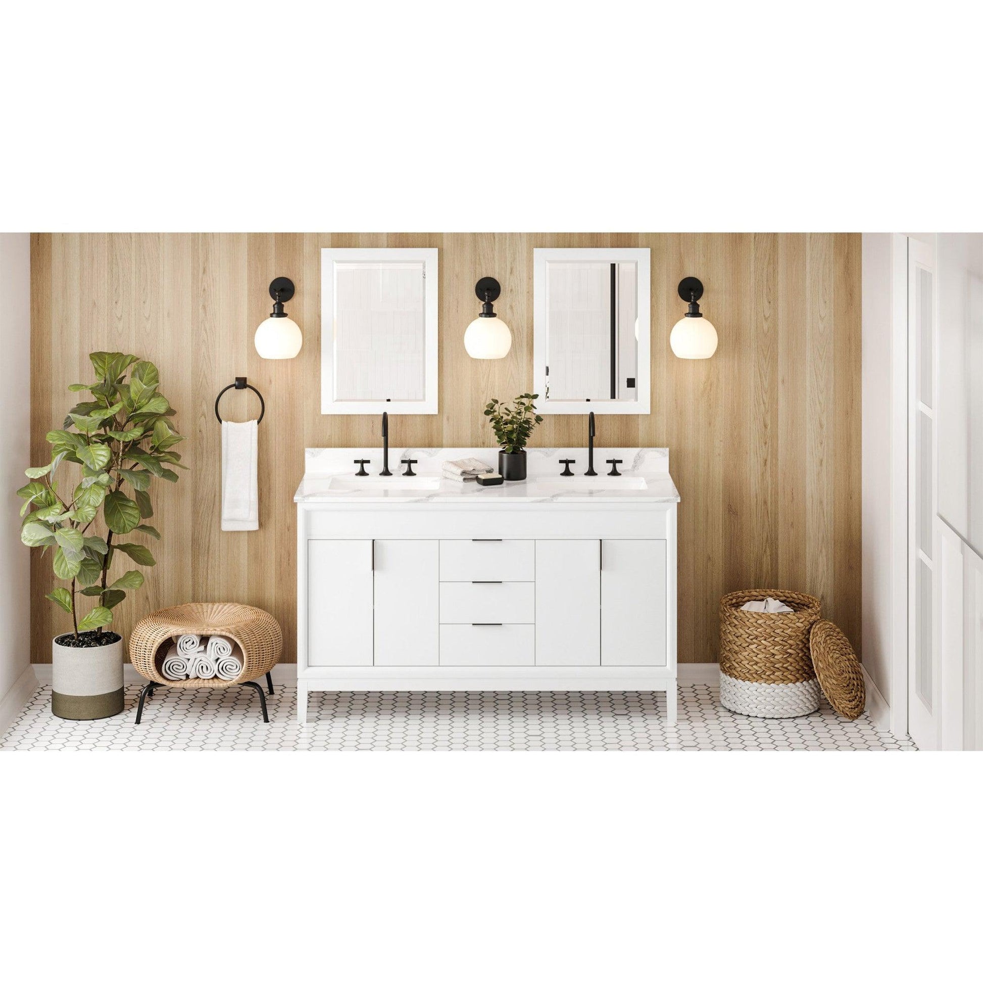 Hardware Resources Jeffrey Alexander Theodora 60" White Freestanding Vanity With Double Bowl, Calacatta Vienna Quartz Vanity Top, Backsplash and Rectangle Undermount Sink