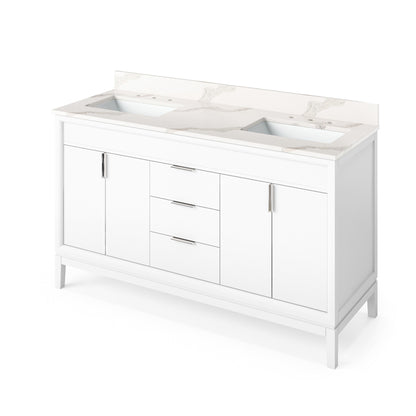 Hardware Resources Jeffrey Alexander Theodora 60" White Freestanding Vanity With Double Bowl, Calacatta Vienna Quartz Vanity Top, Backsplash and Rectangle Undermount Sink