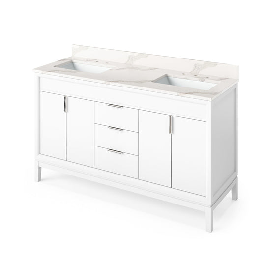 Hardware Resources Jeffrey Alexander Theodora 60" White Freestanding Vanity With Double Bowl, Calacatta Vienna Quartz Vanity Top, Backsplash and Rectangle Undermount Sink