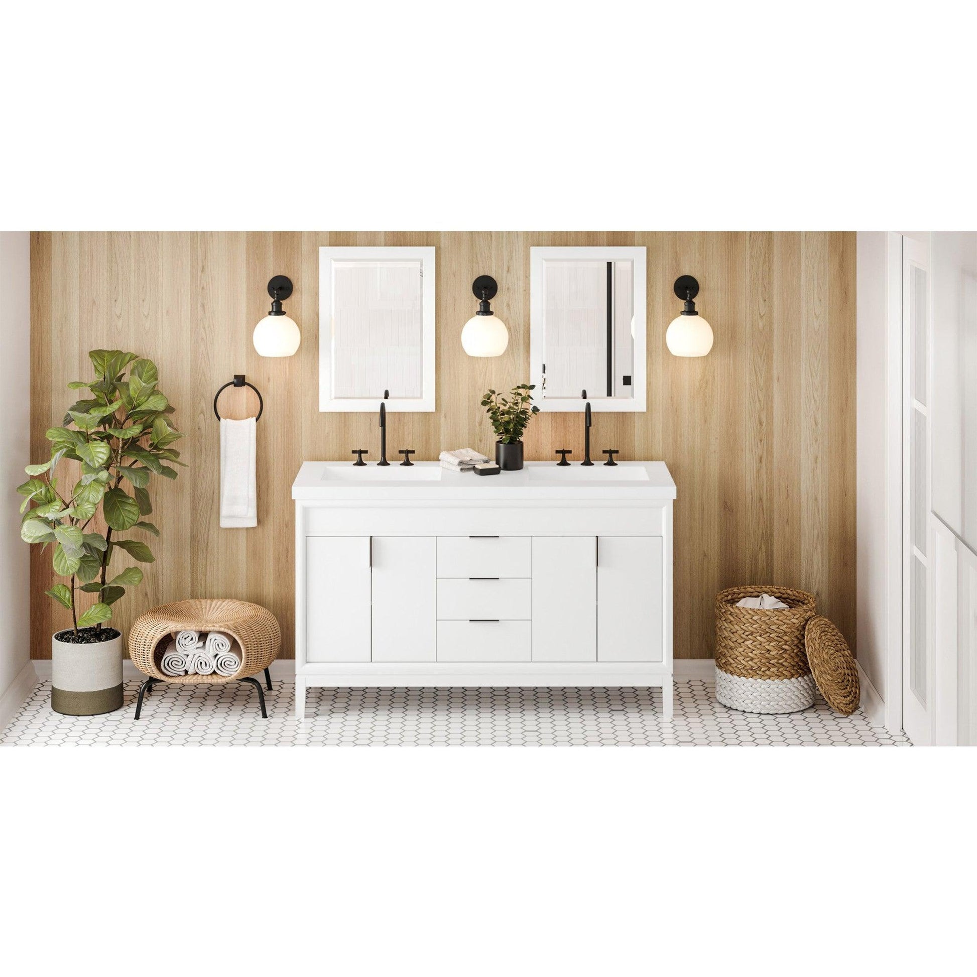 Hardware Resources Jeffrey Alexander Theodora 60" White Freestanding Vanity With Double Bowl, Lavante Cultured Marble Vessel Vanity Top, Backsplash and Rectangle Undermount Sink