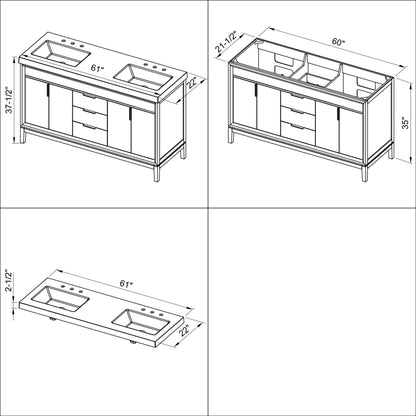 Hardware Resources Jeffrey Alexander Theodora 60" White Freestanding Vanity With Double Bowl, Lavante Cultured Marble Vessel Vanity Top, Backsplash and Rectangle Undermount Sink