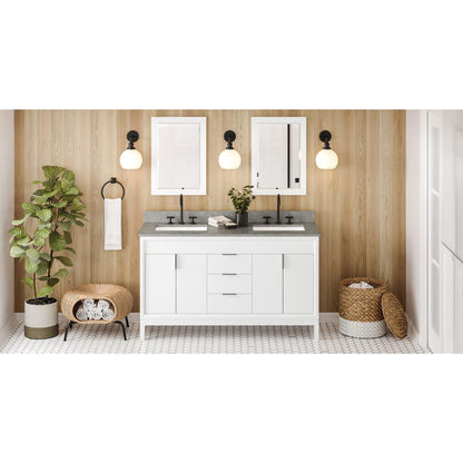 Hardware Resources Jeffrey Alexander Theodora 60" White Freestanding Vanity With Double Bowl, Steel Gray Cultured Marble Vanity Top, Backsplash and Rectangle Undermount Sink