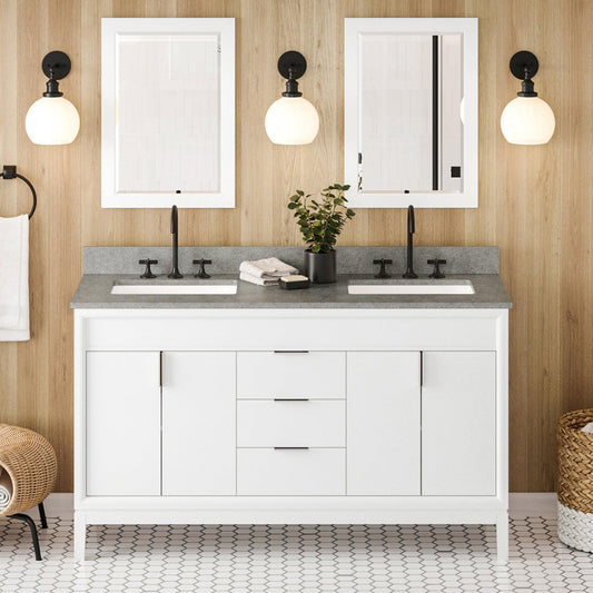 Hardware Resources Jeffrey Alexander Theodora 60" White Freestanding Vanity With Double Bowl, Steel Gray Cultured Marble Vanity Top, Backsplash and Rectangle Undermount Sink