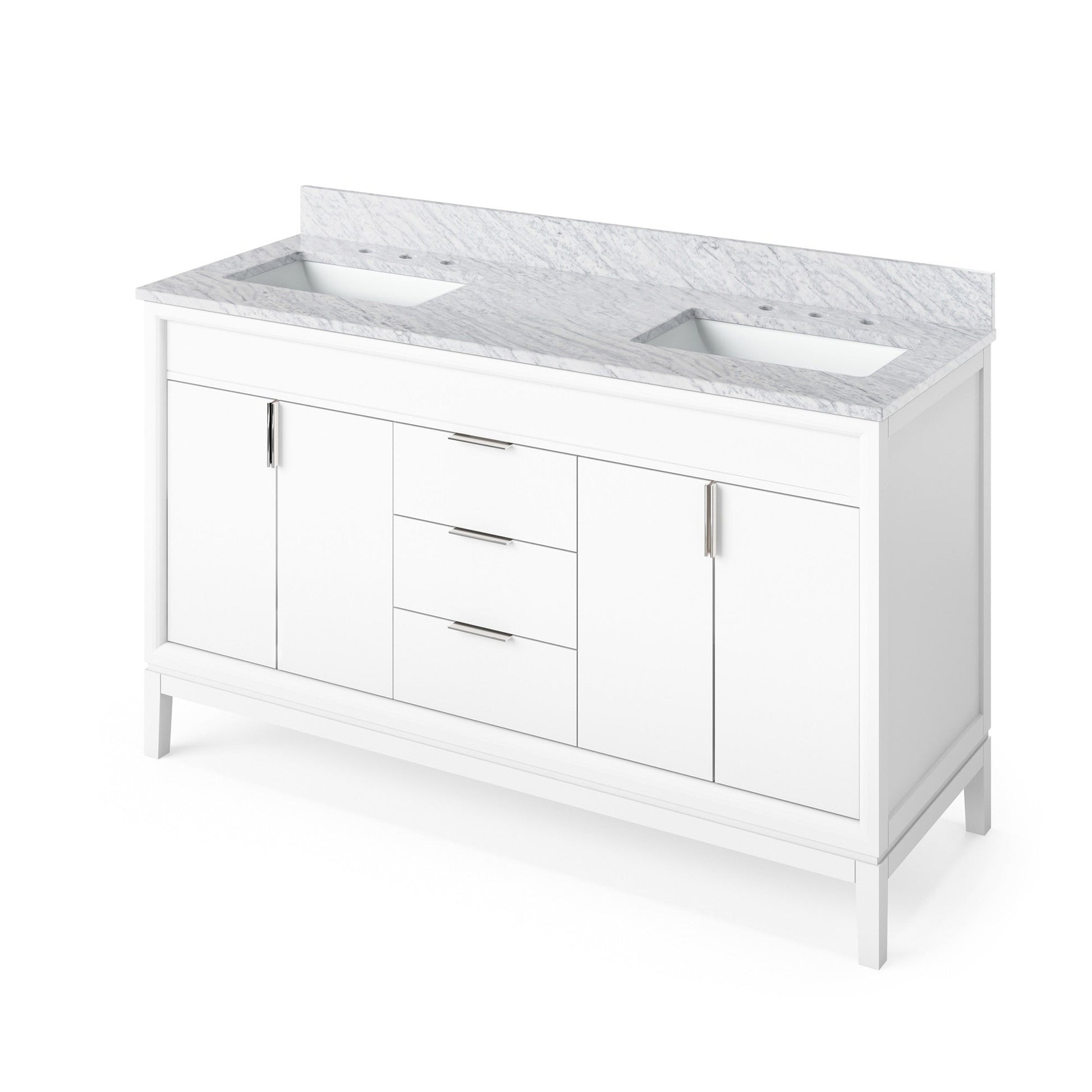 Hardware Resources Jeffrey Alexander Theodora 60" White Freestanding Vanity With Double Bowl, White Carrara Marble Vanity Top, Backsplash and Rectangle Undermount Sink