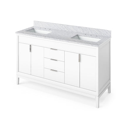 Hardware Resources Jeffrey Alexander Theodora 60" White Freestanding Vanity With Double Bowl, White Carrara Marble Vanity Top, Backsplash and Rectangle Undermount Sink