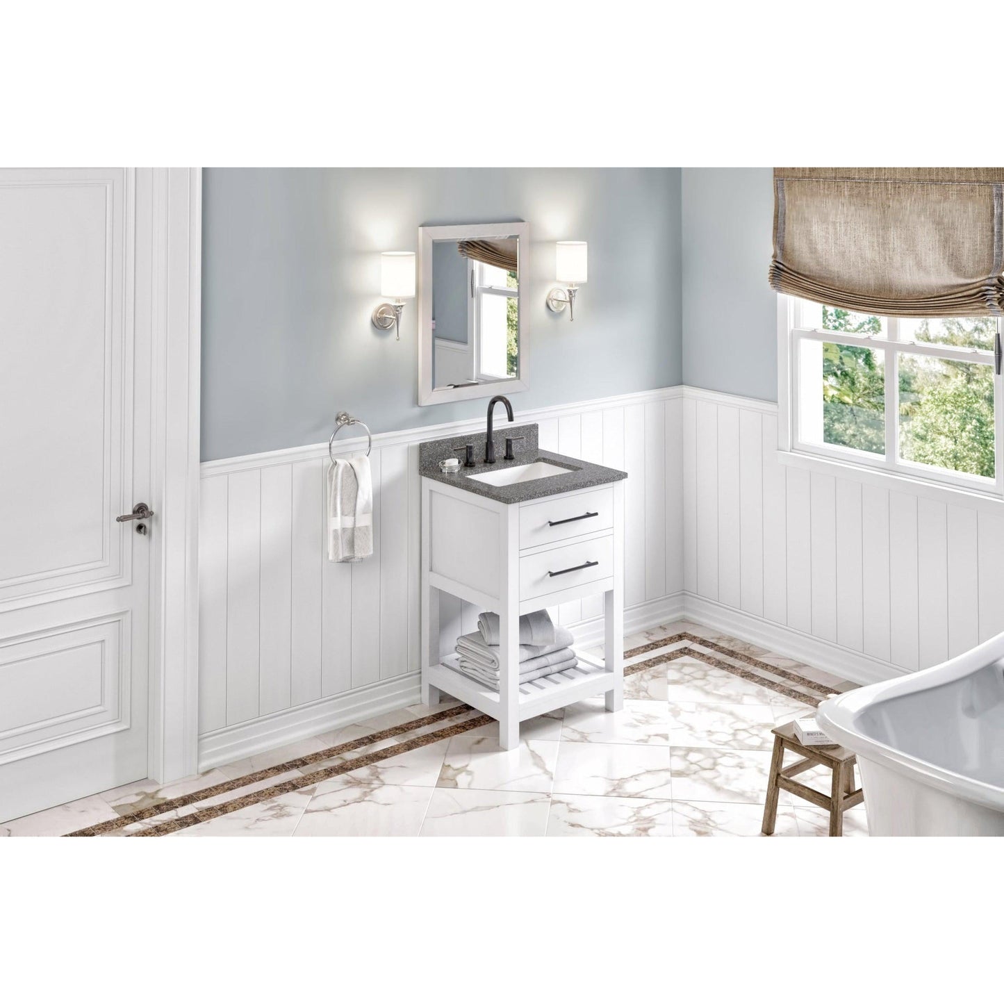 Hardware Resources Jeffrey Alexander Wavecrest 24" White Freestanding Vanity With Boulder Cultured Marble Vanity Top, Backsplash and Rectangle Undermount Sink