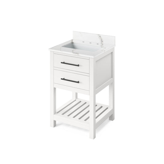 Hardware Resources Jeffrey Alexander Wavecrest 24" White Freestanding Vanity With Calacatta Vienna Quartz Vanity Top, Backsplash and Rectangle Undermount Sink