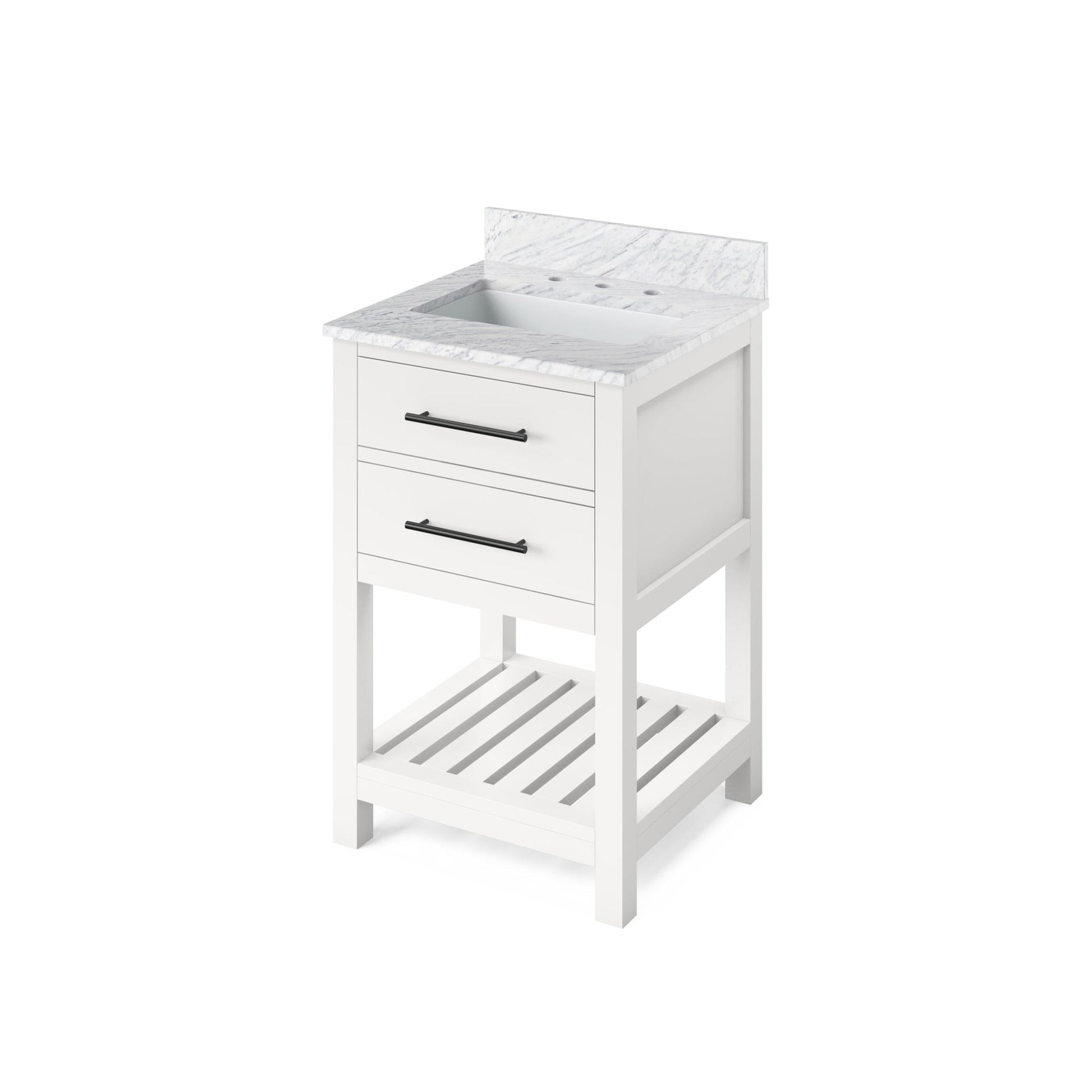 Hardware Resources Jeffrey Alexander Wavecrest 24" White Freestanding Vanity With White Carrara Marble Vanity Top, Backsplash and Rectangle Undermount Sink