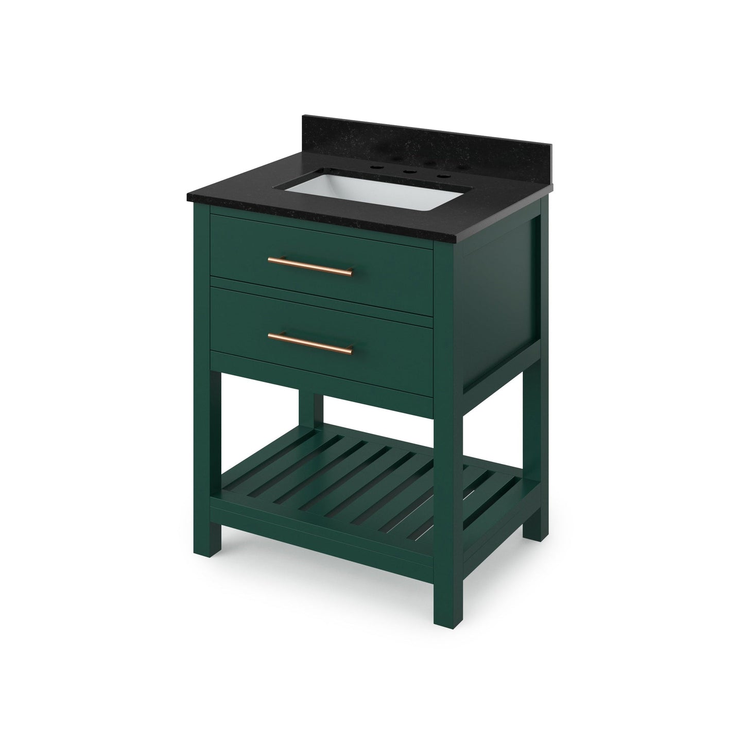 Hardware Resources Jeffrey Alexander Wavecrest 30" Forest Green Freestanding Vanity With Black Granite Vanity Top, Backsplash and Rectangle Undermount Sink