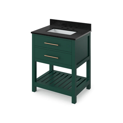 Hardware Resources Jeffrey Alexander Wavecrest 30" Forest Green Freestanding Vanity With Black Granite Vanity Top, Backsplash and Rectangle Undermount Sink