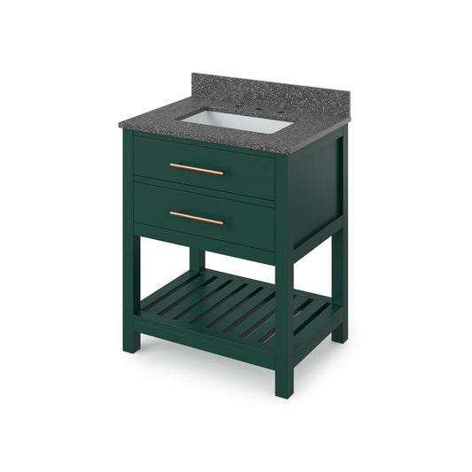 Hardware Resources Jeffrey Alexander Wavecrest 30" Forest Green Freestanding Vanity With Boulder Cultured Marble Vanity Top, Backsplash and Rectangle Undermount Sink