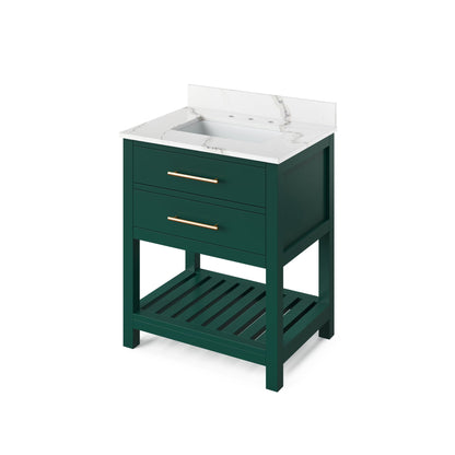 Hardware Resources Jeffrey Alexander Wavecrest 30" Forest Green Freestanding Vanity With Calacatta Vienna Quartz Vanity Top, Backsplash and Rectangle Undermount Sink