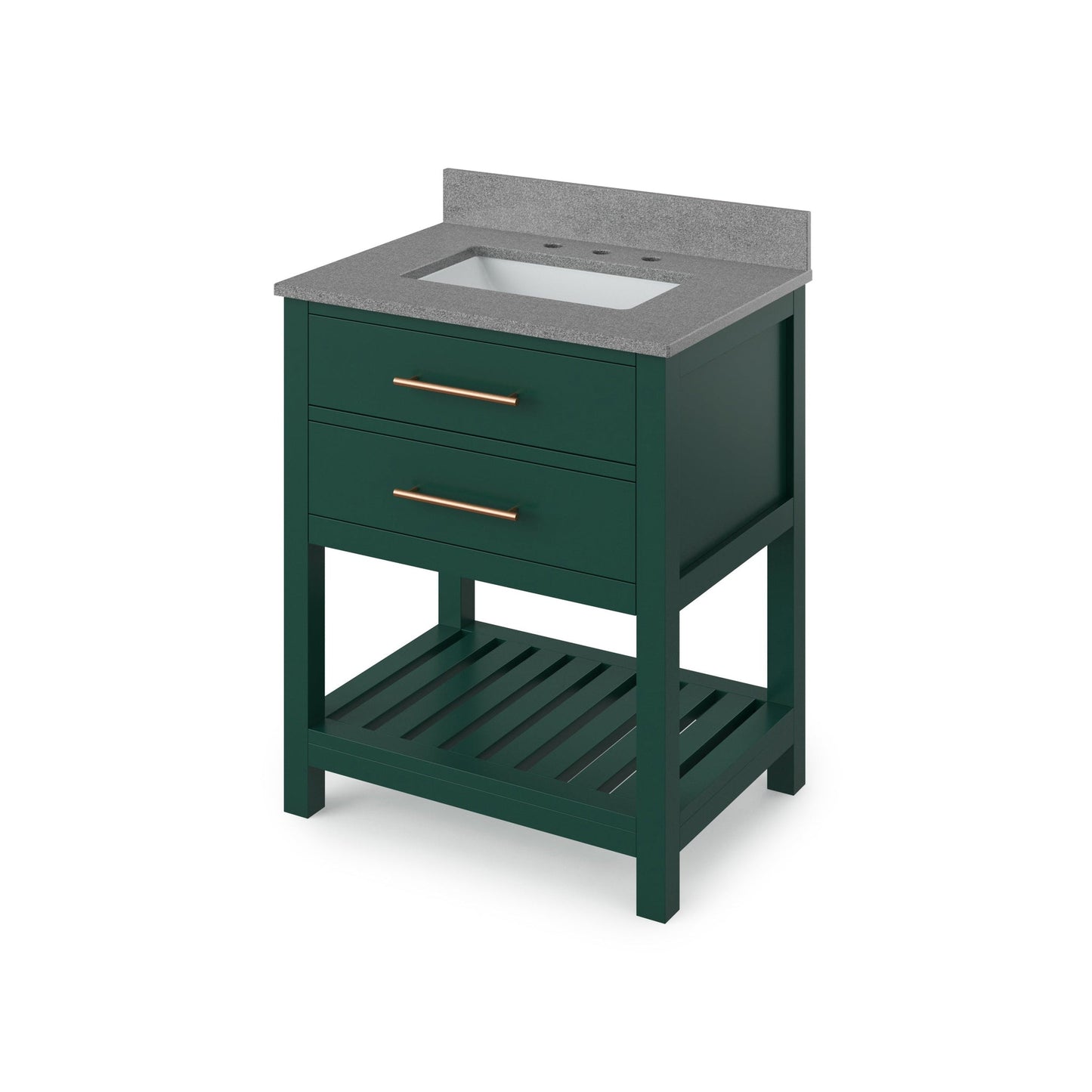 Hardware Resources Jeffrey Alexander Wavecrest 30" Forest Green Freestanding Vanity With Steel Gray Cultured Marble Vanity Top, Backsplash and Rectangle Undermount Sink