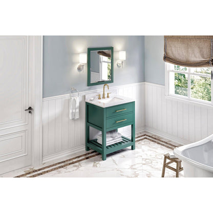 Hardware Resources Jeffrey Alexander Wavecrest 30" Forest Green Freestanding Vanity With White Carrara Marble Vanity Top, Backsplash and Rectangle Undermount Sink