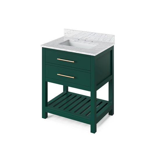 Hardware Resources Jeffrey Alexander Wavecrest 30" Forest Green Freestanding Vanity With White Carrara Marble Vanity Top, Backsplash and Rectangle Undermount Sink