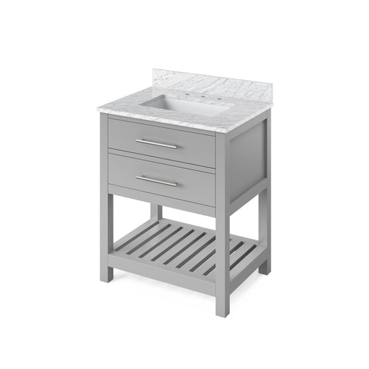 Hardware Resources Jeffrey Alexander Wavecrest 30" Gray Freestanding Vanity With White Carrara Marble Vanity Top, Backsplash and Rectangle Undermount Sink