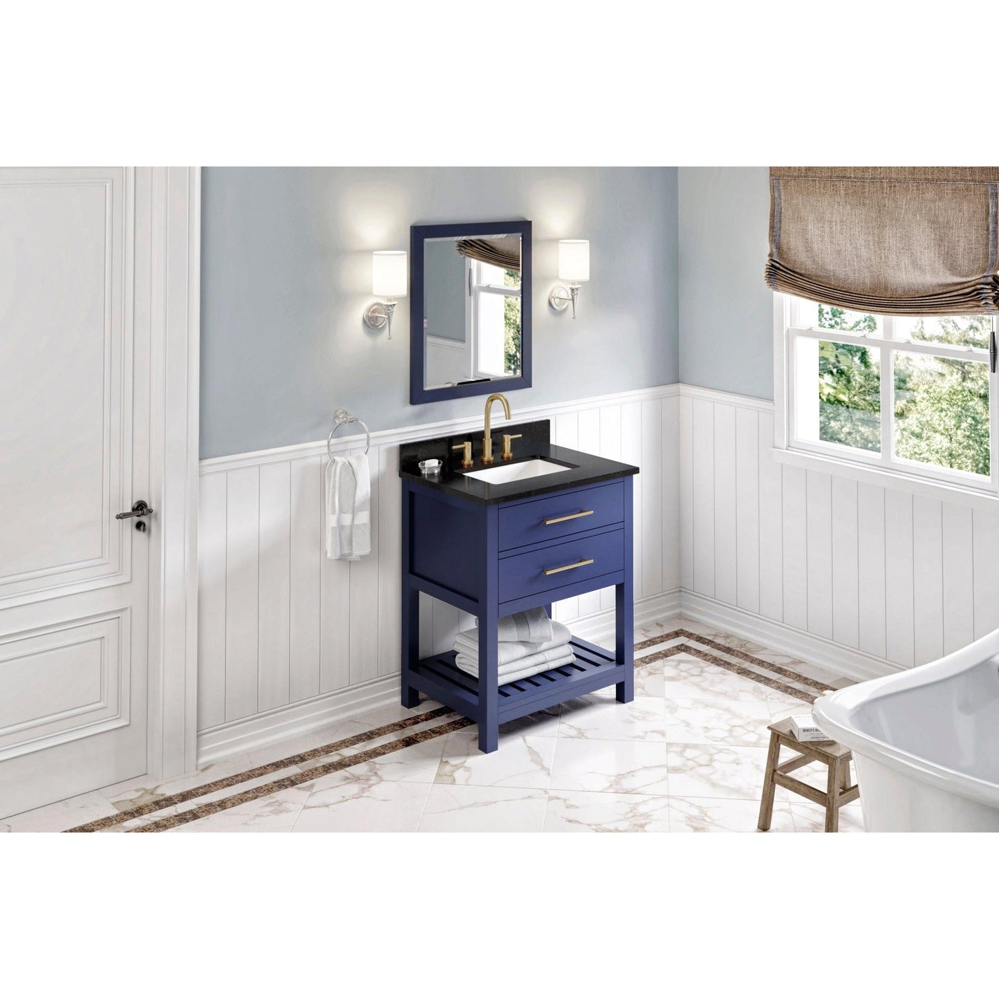 Hardware Resources Jeffrey Alexander Wavecrest 30" Hale Blue Freestanding Vanity With Black Granite Vanity Top, Backsplash and Rectangle Undermount Sink