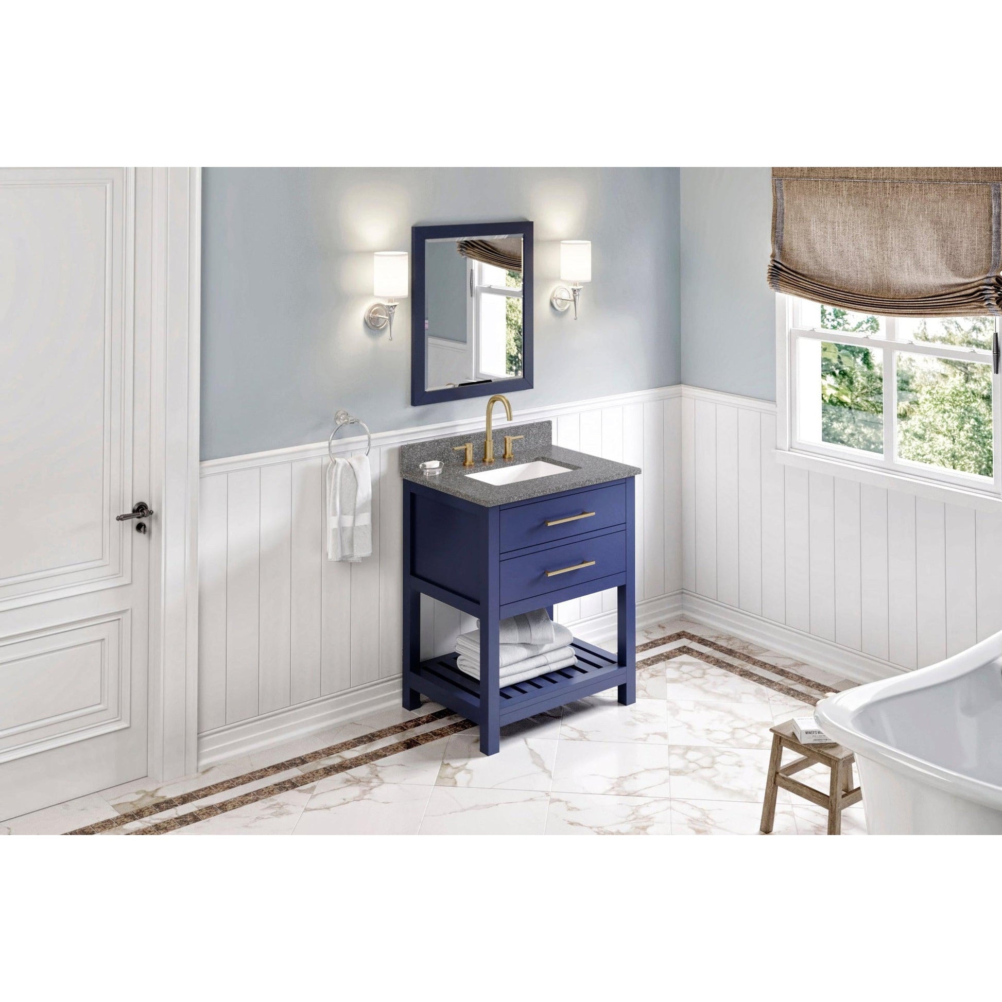 Hardware Resources Jeffrey Alexander Wavecrest 30" Hale Blue Freestanding Vanity With Boulder Cultured Marble Vanity Top, Backsplash and Rectangle Undermount Sink