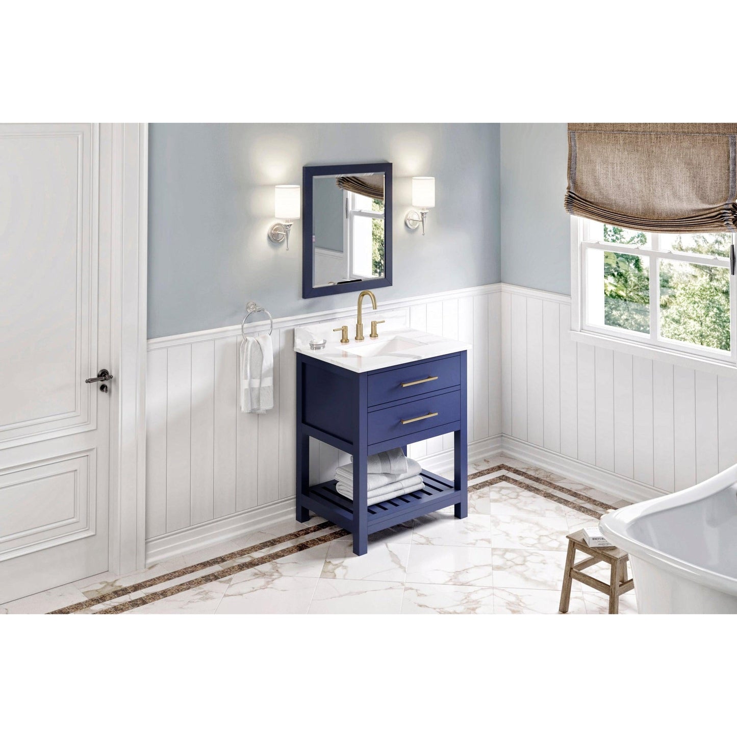 Hardware Resources Jeffrey Alexander Wavecrest 30" Hale Blue Freestanding Vanity With Calacatta Vienna Quartz Vanity Top, Backsplash and Rectangle Undermount Sink