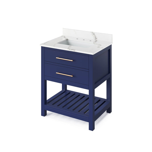 Hardware Resources Jeffrey Alexander Wavecrest 30" Hale Blue Freestanding Vanity With Calacatta Vienna Quartz Vanity Top, Backsplash and Rectangle Undermount Sink