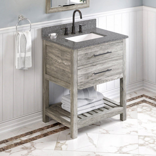 Hardware Resources Jeffrey Alexander Wavecrest 30" Weathered Grey Freestanding Vanity With Boulder Cultured Marble Vanity Top, Backsplash and Rectangle Undermount Sink