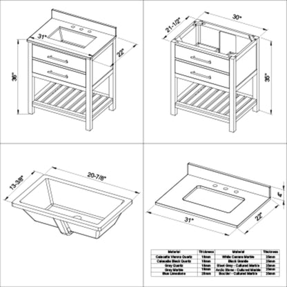 Hardware Resources Jeffrey Alexander Wavecrest 30" Weathered Grey Freestanding Vanity With Calacatta Vienna Quartz Vanity Top, Backsplash and Rectangle Undermount Sink