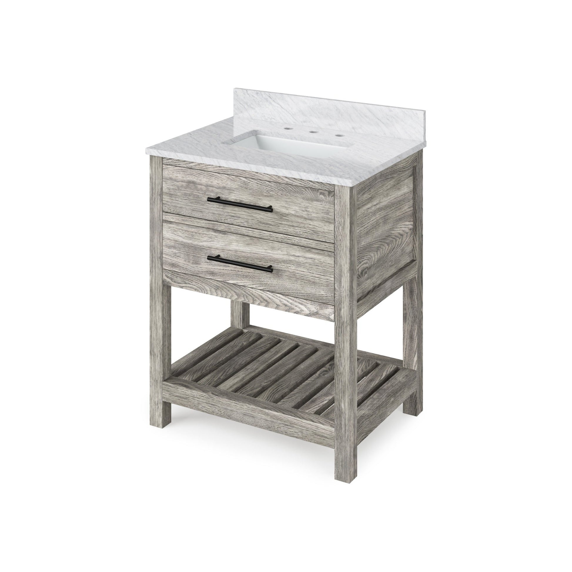 Hardware Resources Jeffrey Alexander Wavecrest 30" Weathered Grey Freestanding Vanity With White Carrara Marble Vanity Top, Backsplash and Rectangle Undermount Sink