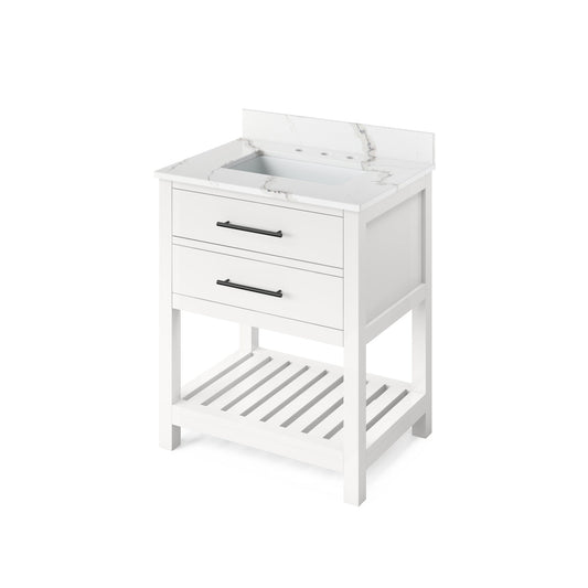 Hardware Resources Jeffrey Alexander Wavecrest 30" White Freestanding Vanity With Calacatta Vienna Quartz Vanity Top, Backsplash and Rectangle Undermount Sink