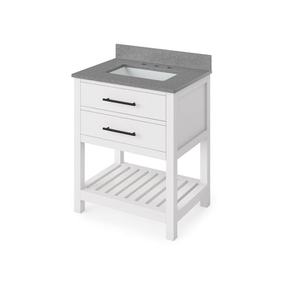 Hardware Resources Jeffrey Alexander Wavecrest 30" White Freestanding Vanity With Steel Gray Cultured Marble Vanity Top, Backsplash and Rectangle Undermount Sink