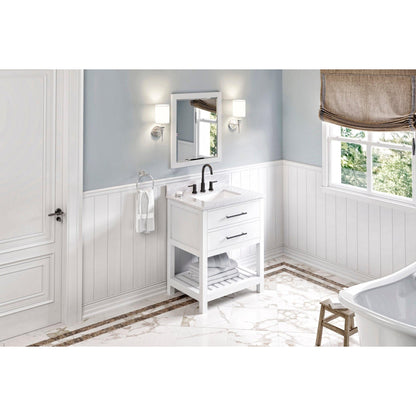 Hardware Resources Jeffrey Alexander Wavecrest 30" White Freestanding Vanity With White Carrara Marble Vanity Top, Backsplash and Rectangle Undermount Sink