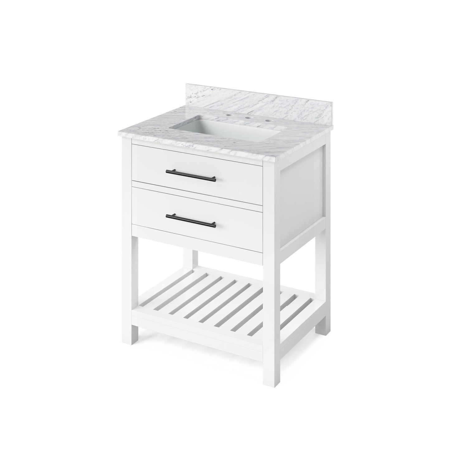 Hardware Resources Jeffrey Alexander Wavecrest 30" White Freestanding Vanity With White Carrara Marble Vanity Top, Backsplash and Rectangle Undermount Sink