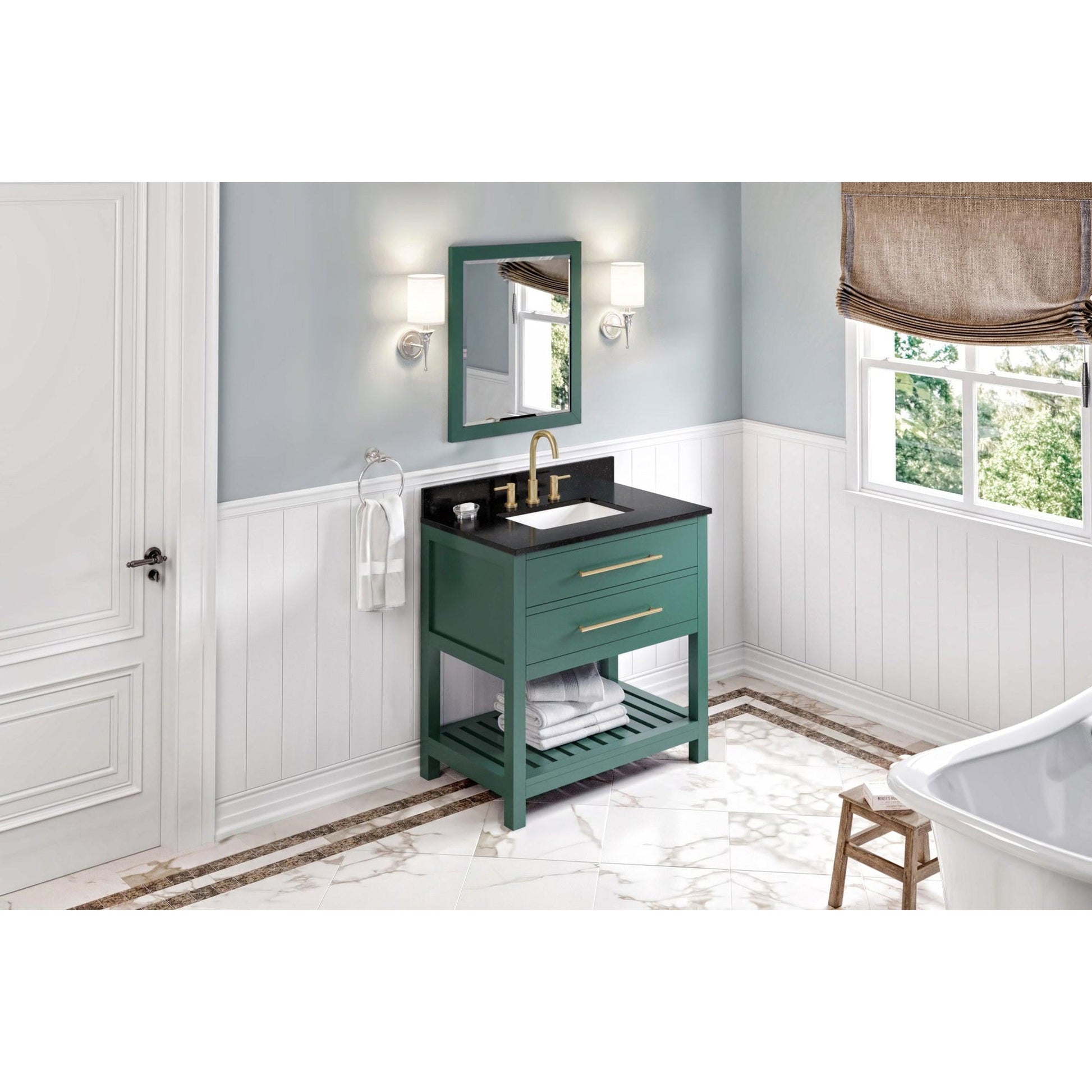 Hardware Resources Jeffrey Alexander Wavecrest 36" Forest Green Freestanding Vanity With Black Granite Vanity Top, Backsplash and Rectangle Undermount Sink