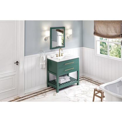 Hardware Resources Jeffrey Alexander Wavecrest 36" Forest Green Freestanding Vanity With Calacatta Vienna Quartz Vanity Top, Backsplash and Rectangle Undermount Sink