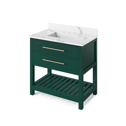 Hardware Resources Jeffrey Alexander Wavecrest 36" Forest Green Freestanding Vanity With Calacatta Vienna Quartz Vanity Top, Backsplash and Rectangle Undermount Sink