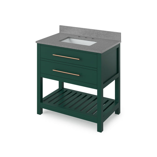 Hardware Resources Jeffrey Alexander Wavecrest 36" Forest Green Freestanding Vanity With Steel Gray Cultured Marble Vanity Top, Backsplash and Rectangle Undermount Sink