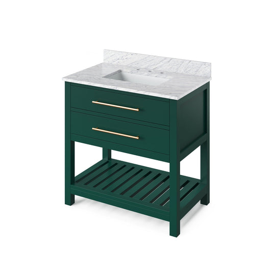 Hardware Resources Jeffrey Alexander Wavecrest 36" Forest Green Freestanding Vanity With White Carrara Marble Vanity Top, Backsplash and Rectangle Undermount Sink