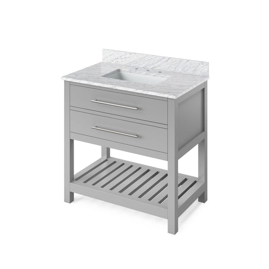 Hardware Resources Jeffrey Alexander Wavecrest 36" Gray Freestanding Vanity With White Carrara Marble Vanity Top, Backsplash and Rectangle Undermount Sink