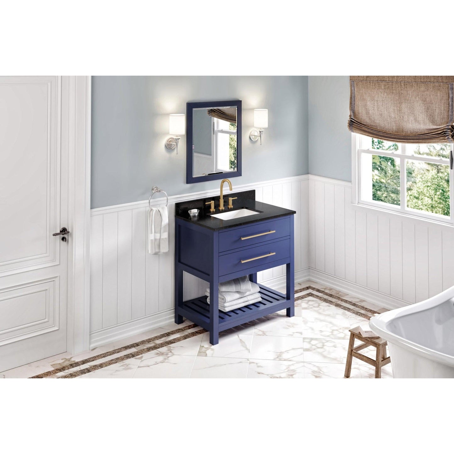 Hardware Resources Jeffrey Alexander Wavecrest 36" Hale Blue Freestanding Vanity With Black Granite Vanity Top, Backsplash and Rectangle Undermount Sink